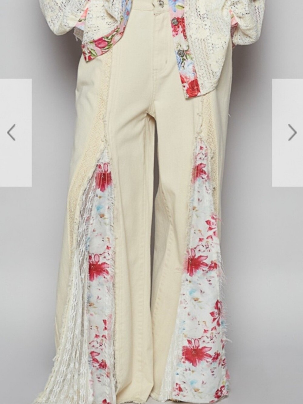 POL “Monroe 2“Wide Boho Cream Wide-Leg Patchwork Pants with Floral Panels Size S - Picture 6 of 6